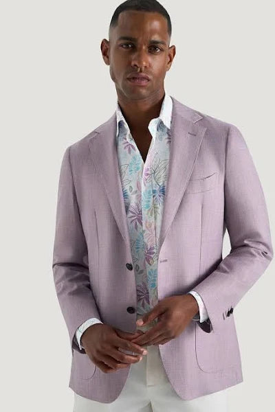 M.J. Bale - Rapallo Shirt - Printed - Multi - MULTIBUY worn by a man in a stylish outfit featuring a pink blazer and a colorful printed shirt.