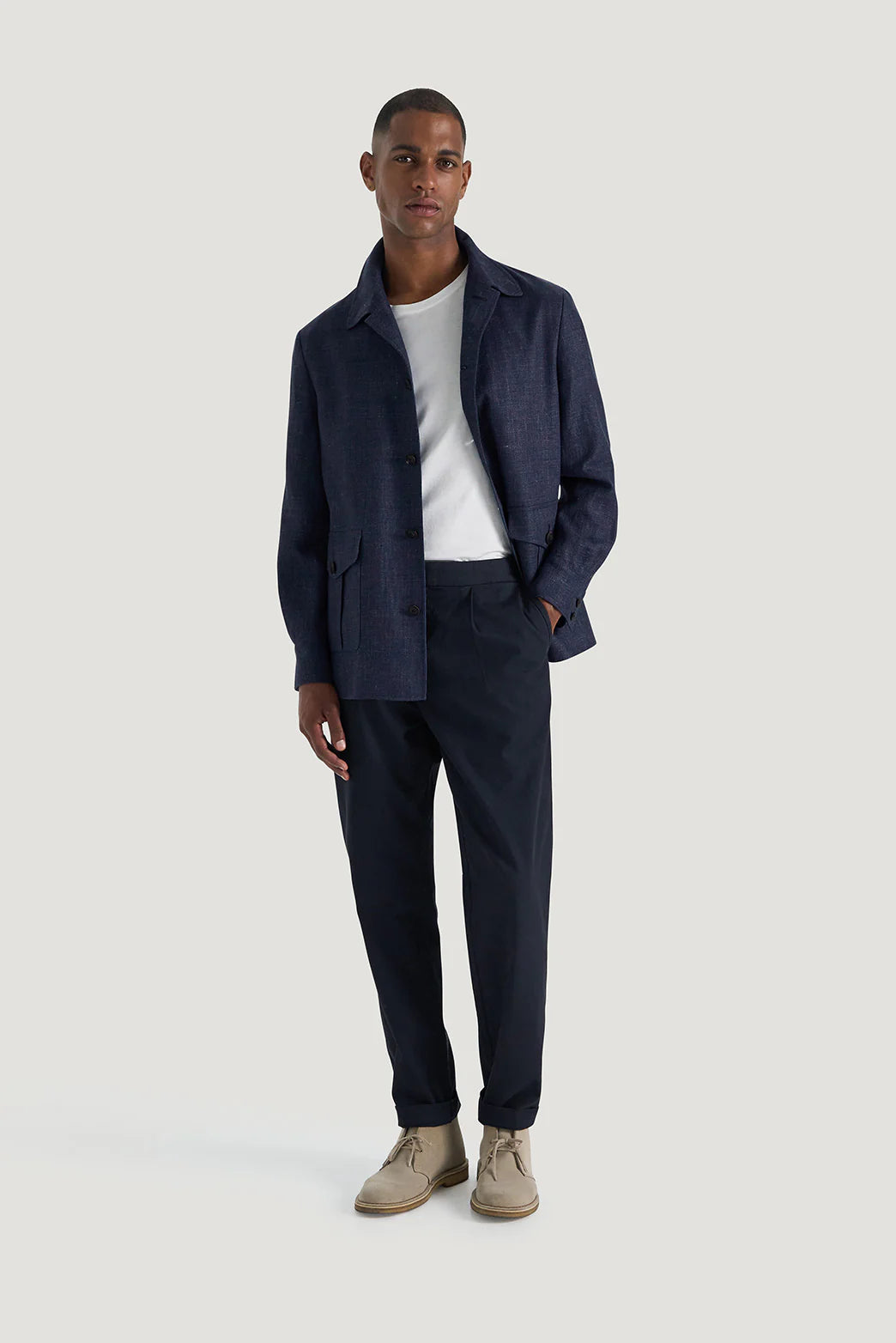M.J. Bale - Rhode Trouser - Navy worn with a navy jacket, showcasing a stylish and versatile outfit for men.