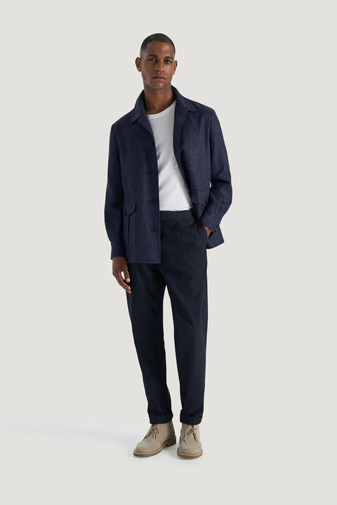 M.J. Bale - Rhode Trouser - Navy worn with a navy jacket, showcasing a stylish and versatile outfit for men.