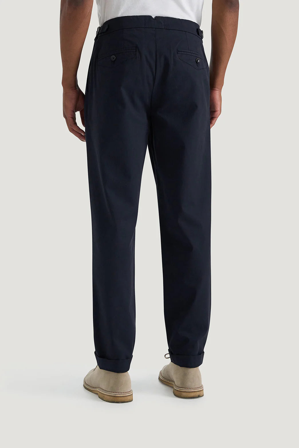 M.J. Bale - Rhode Trouser - Navy shown from the back, featuring a tailored fit and stylish design details.