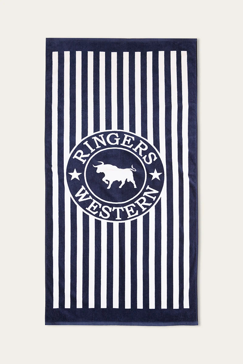 Ringers Western Striped Towel - Navy & White featuring bold stripes and a central logo design.