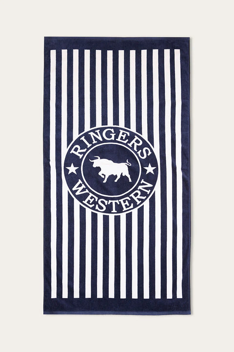 Ringers Western Striped Towel - Navy & White featuring bold stripes and a central logo design.