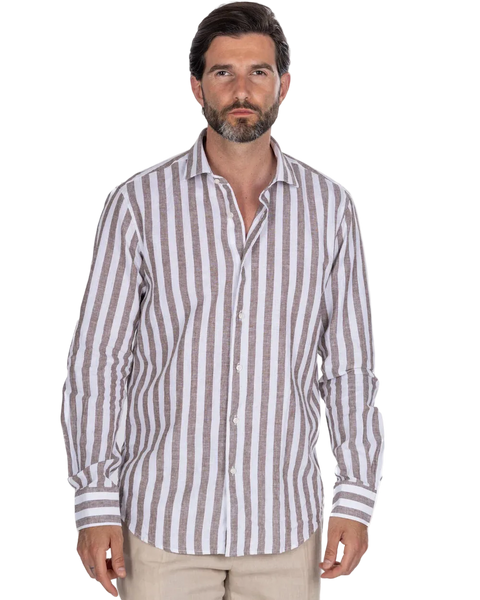 Abelard - Inch Linen Stripe Shirt - Chocolate