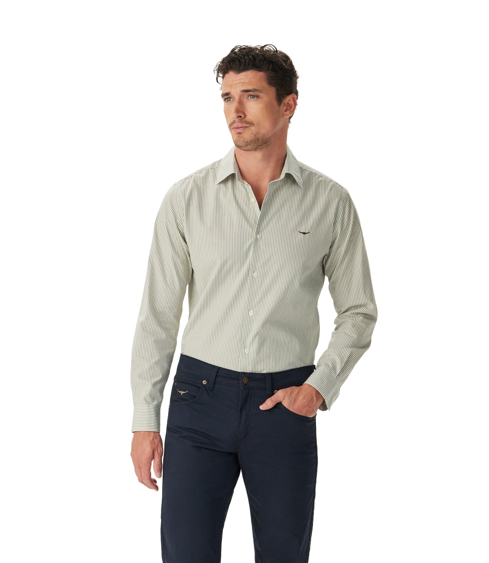 R.M.Williams - Sommers Poplin Shirt - Stripe - Green & White