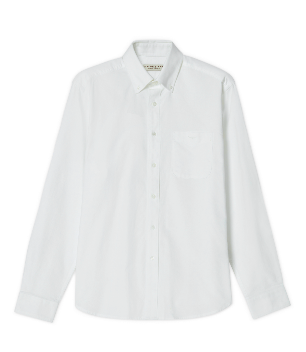 R.M.Williams - Collins Shirt - Oxford - White, classic-fit white shirt with button-down collar and chest pocket.
