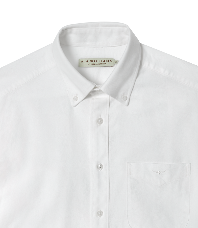 R.M.Williams - Collins Shirt - Oxford - White featuring button-down collar and signature Longhorn embroidery.