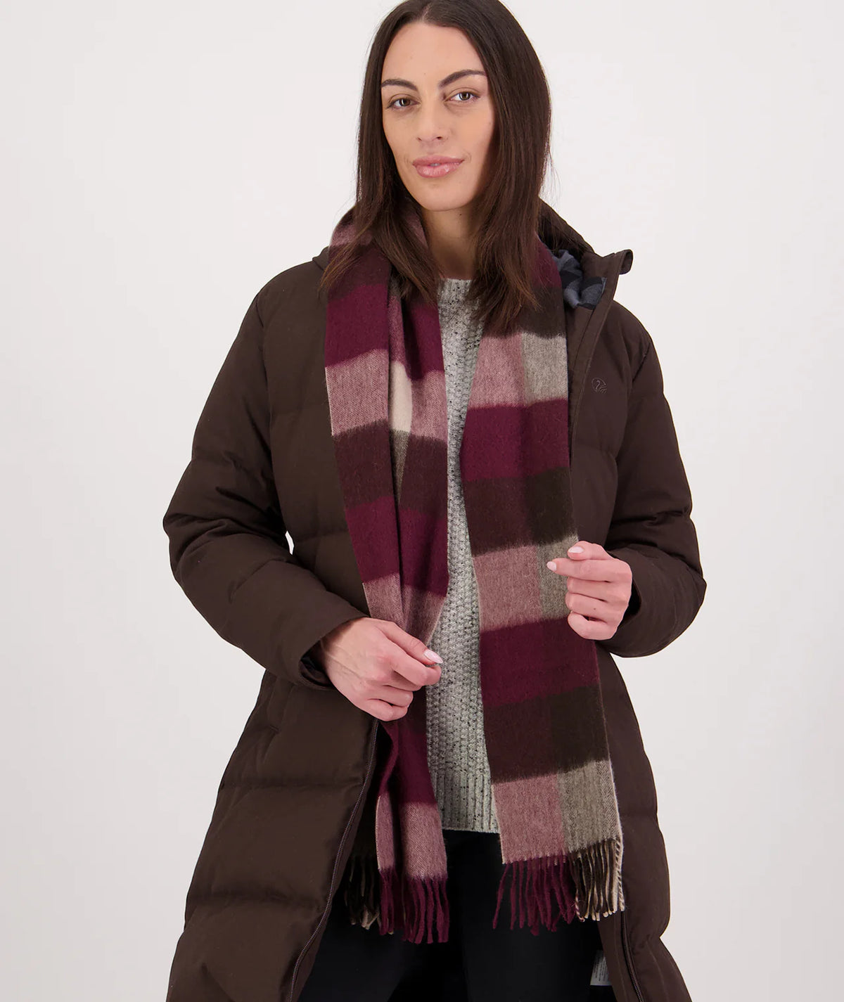 Swanndri - Unisex Wool Scarfie - Florence Check (Burgundy/Tan)