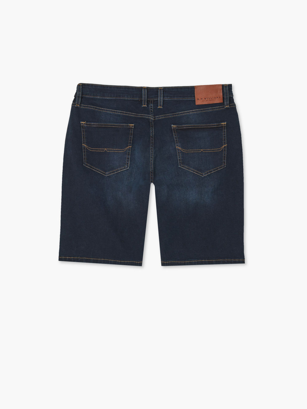 R.M.Williams - Nicholson Denim Short - Indigo, back view showing 5 pockets and branded leather patch.