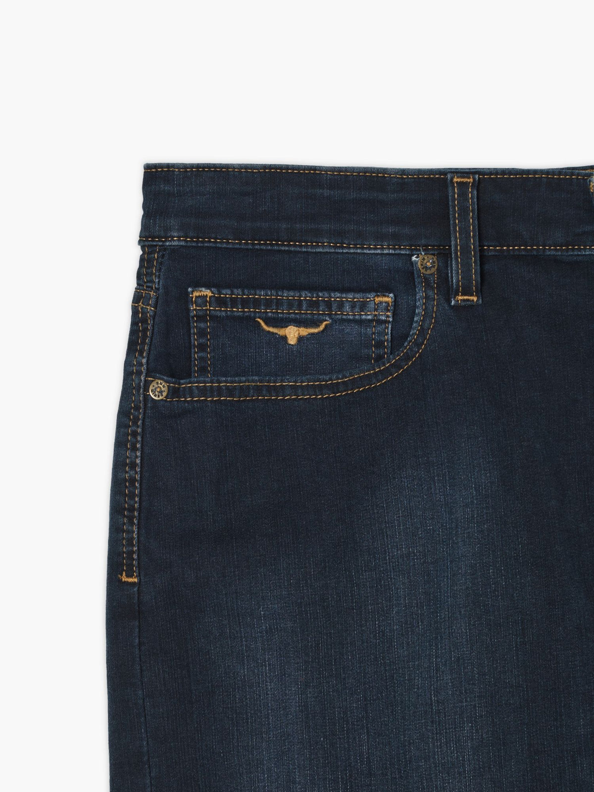 R.M.Williams - Nicholson Denim Short - Indigo close-up of waistband and pocket with Longhorn embroidery detail.