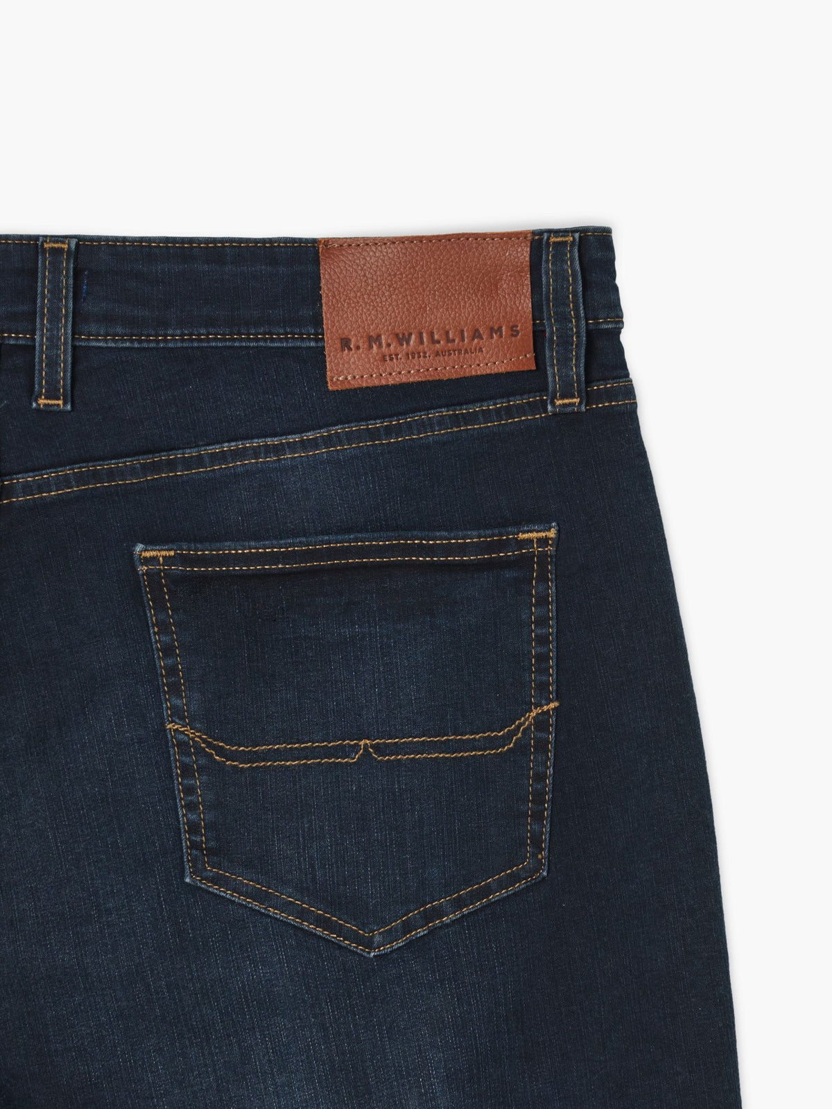 R.M.Williams - Nicholson Denim Short - Indigo rear view showing leather patch and back pocket details.