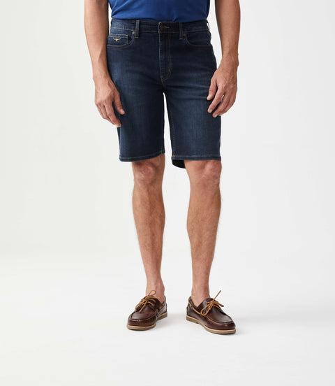 R.M.Williams - Nicholson Denim Short - Indigo worn by a model, showing knee-length fit and stylish look.