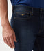 R.M.Williams - Nicholson Denim Short - Indigo showcased from side with detailed stitching and Longhorn embroidery.