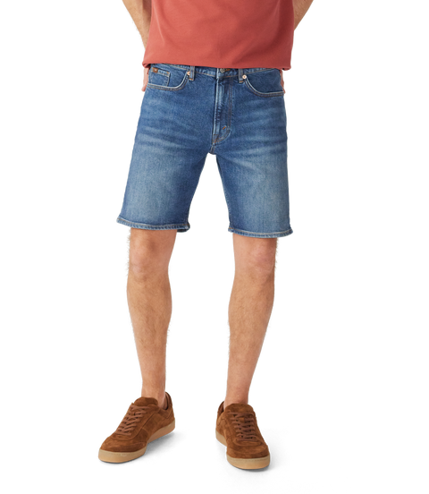 R.M.Williams - Nicholson Denim Short - Vintage Indigo shorts worn by a model, showcasing above-knee denim style.