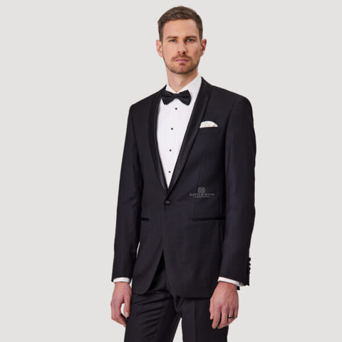 Savile Row - Thomas D9 Merino Wool Tuxedo Jacket - Black displayed on a model in a stylish black-tie setup.