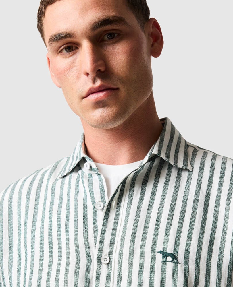 Rodd & Gunn - Seadown Linen Shirt - Stripe - Forest displayed on male model, showcasing vertical stripes and a modern look.