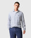 Rodd & Gunn - Seadown Linen Shirt - Stripe - French Navy worn by a model, showcasing vertical stripes on a white base.