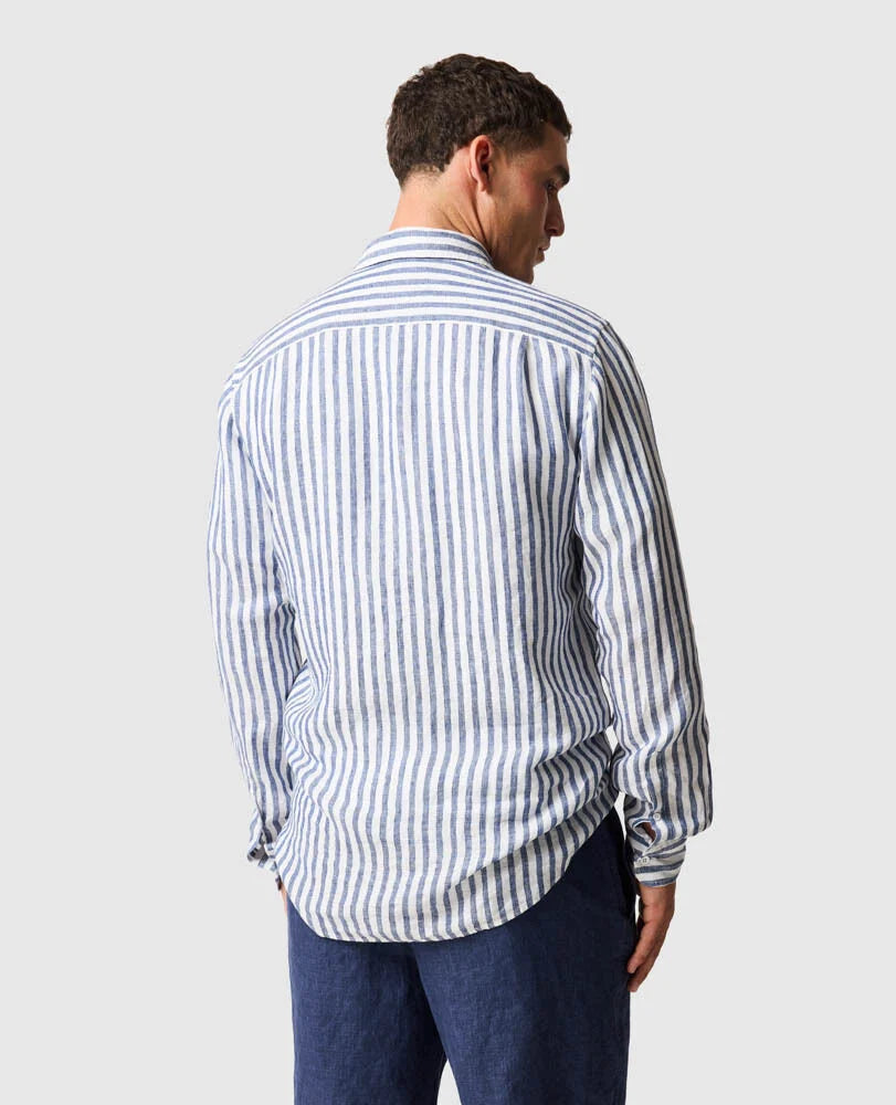 Rodd & Gunn - Seadown Linen Shirt - Stripe - French Navy worn from the back, showcasing vertical stripes on a white base.