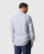 Rodd & Gunn - Seadown Linen Shirt - Stripe - French Navy worn from the back, showcasing vertical stripes on a white base.