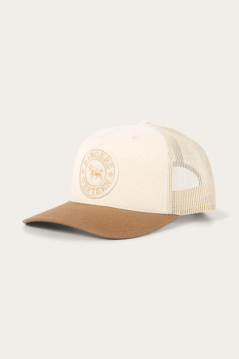 Ringers Western - Signature Bull Trucker Cap - Beige & Clay featuring a premium mesh back and snapback closure.