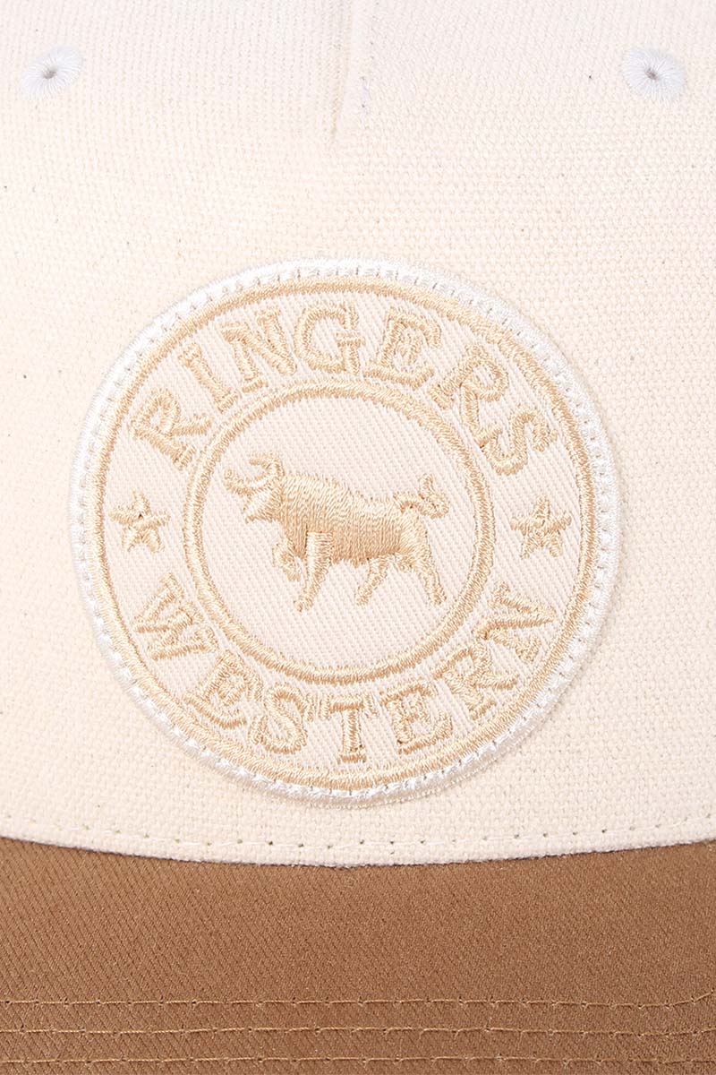 Ringers Western - Signature Bull Trucker Cap - Beige & Clay featuring embroidered logo on structured front panel.