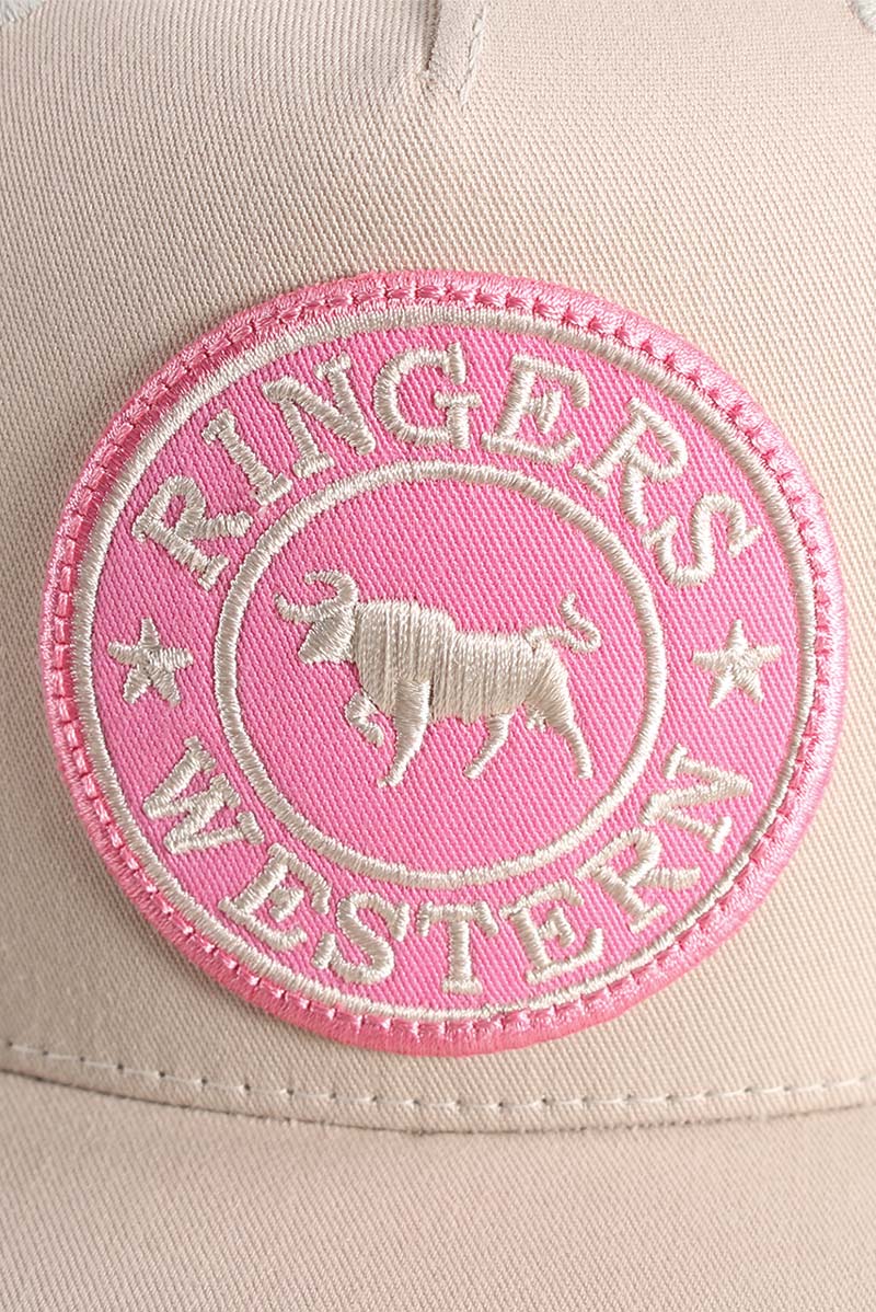 Ringers Western - Signature Bull Trucker Cap - Bone & Pink logo detail embroidered on cap front.