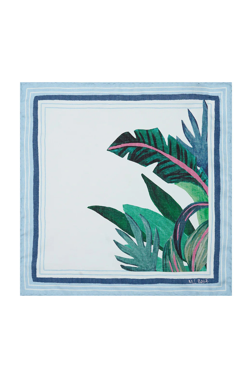 M.J. Bale - Saint Tropez Pocket Square - White showcasing vibrant palm leaf print on fine silk twill.