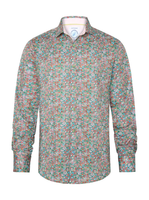 A Fish Named Fred - Star Tile Shirt - Green, featuring a vibrant star tile pattern in green and pink tones.