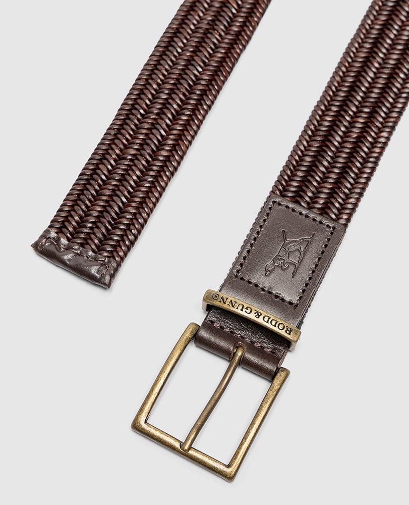 Rodd & Gunn - Stirling Stretch Belt - Leather - Testa Di Moro close-up showing woven leather and brass buckle.