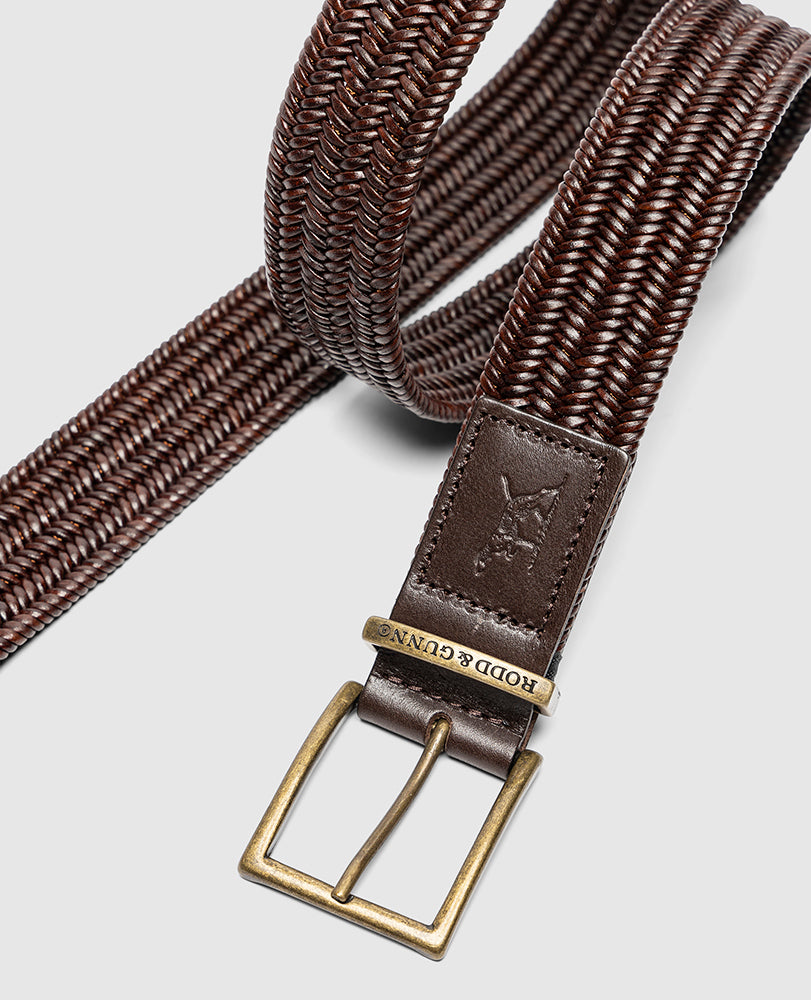Rodd & Gunn - Stirling Stretch Belt - Leather - Testa Di Moro, woven leather belt with elastane for comfort.