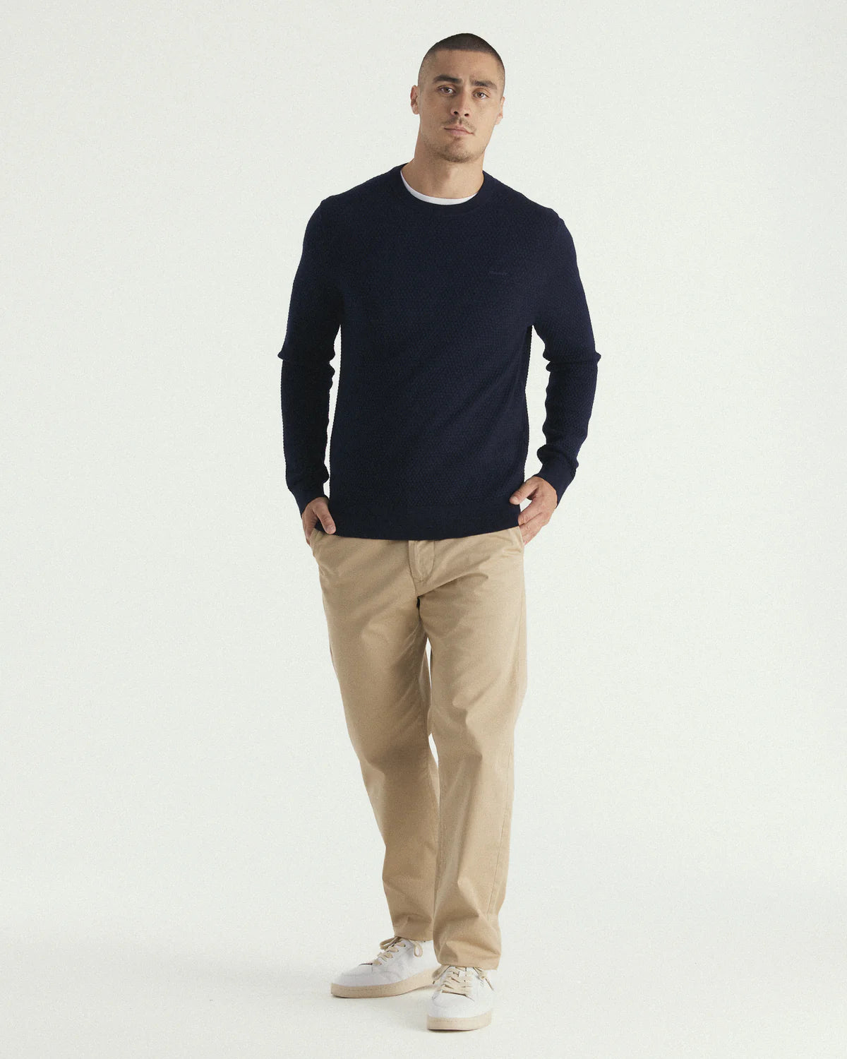 GANT - Textured Cotton Merino Crew Neck Jumper - Evening Blue