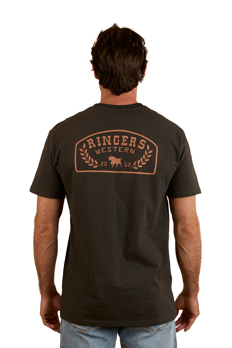 Ringers Western - Wheatbelt Stock Fit T-Shirt- Charcoal/Copper back view showcasing Ringers graphic design.