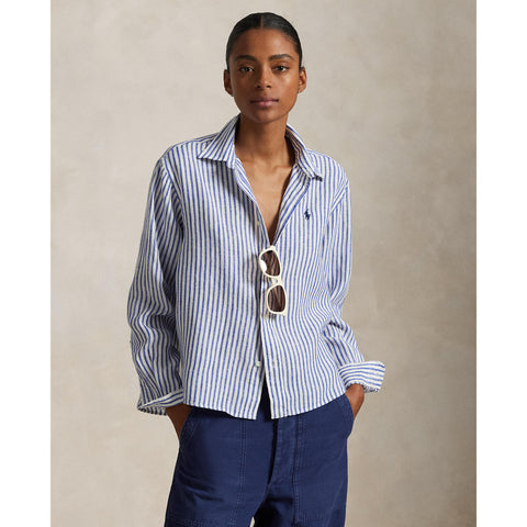 Polo Ralph Lauren - Wide Cropped Linen Shirt - Stripe - White & Blue
