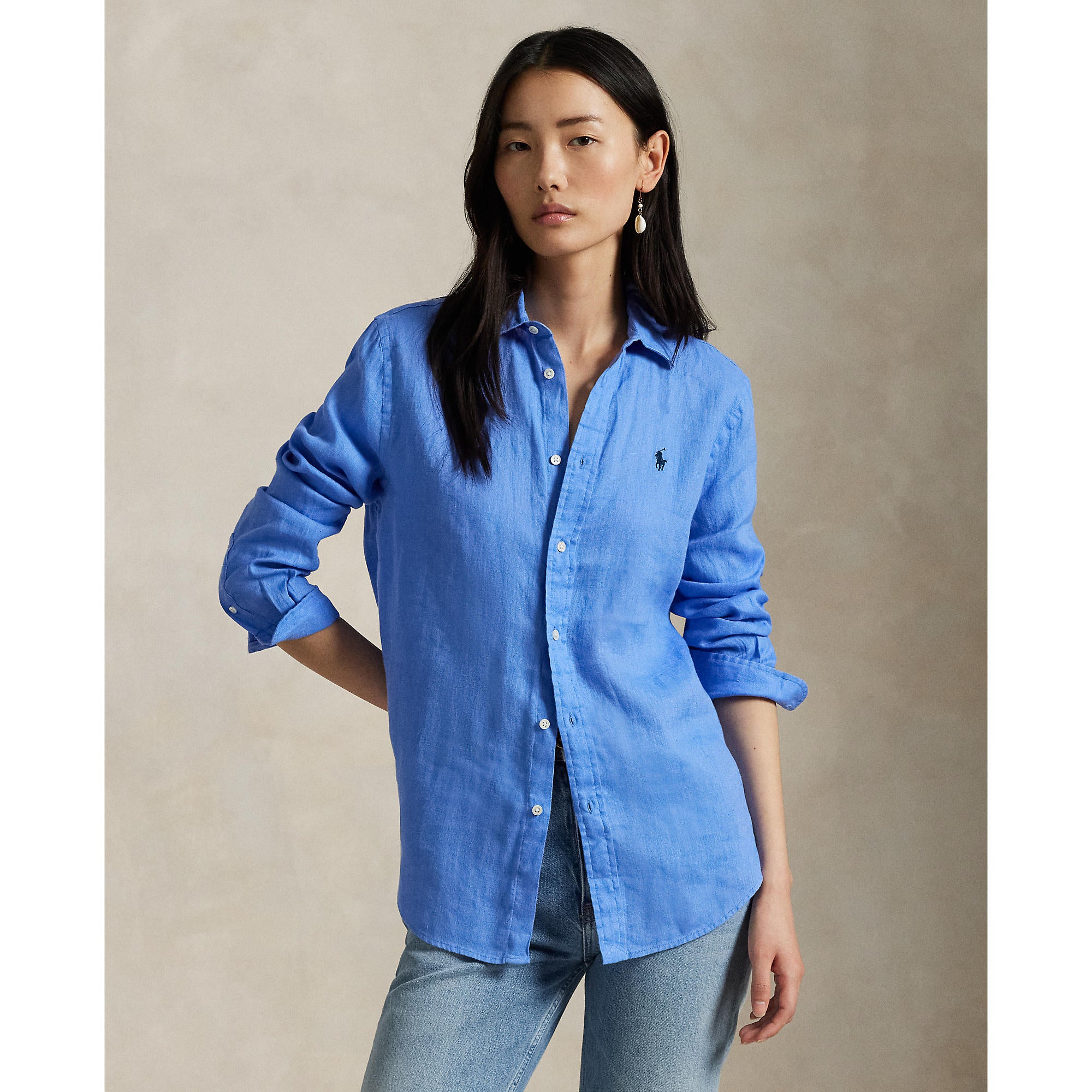 Linen Shirt Ralph Lauren Blue Color POLO RALPH LAUREN Linen Shirt Slim Fit  In Blue/ White, image size:2000x2000