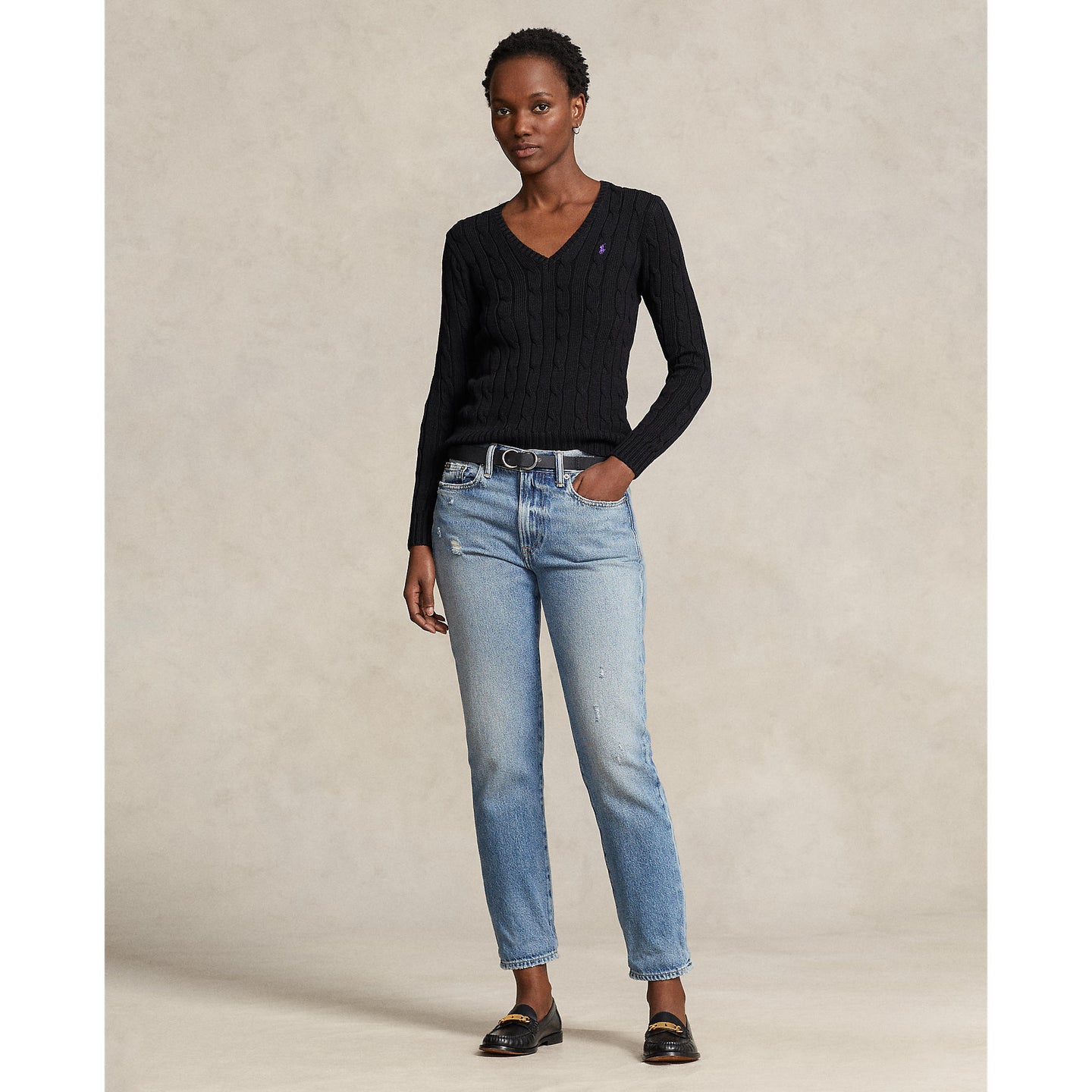 Polo Ralph Lauren - Cable-Knit Cotton V Neck Jumper - Black