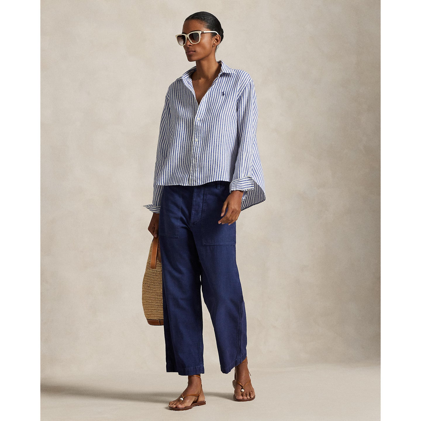 Polo Ralph Lauren - Wide Cropped Linen Shirt - Stripe - White & Blue