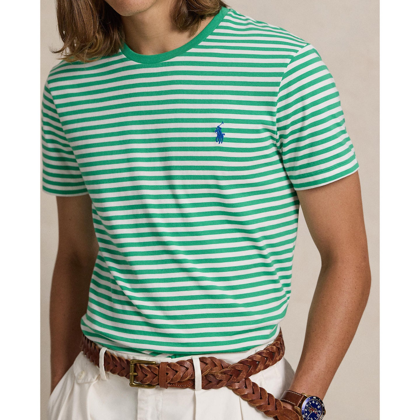 Polo Ralph Lauren - Custom Fit Jersey Crewneck T-Shirt - Stripe - Emerald & White