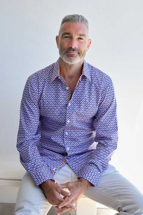 English Laundry - Leeds Geometric Cotton Shirt - Blue & Orange