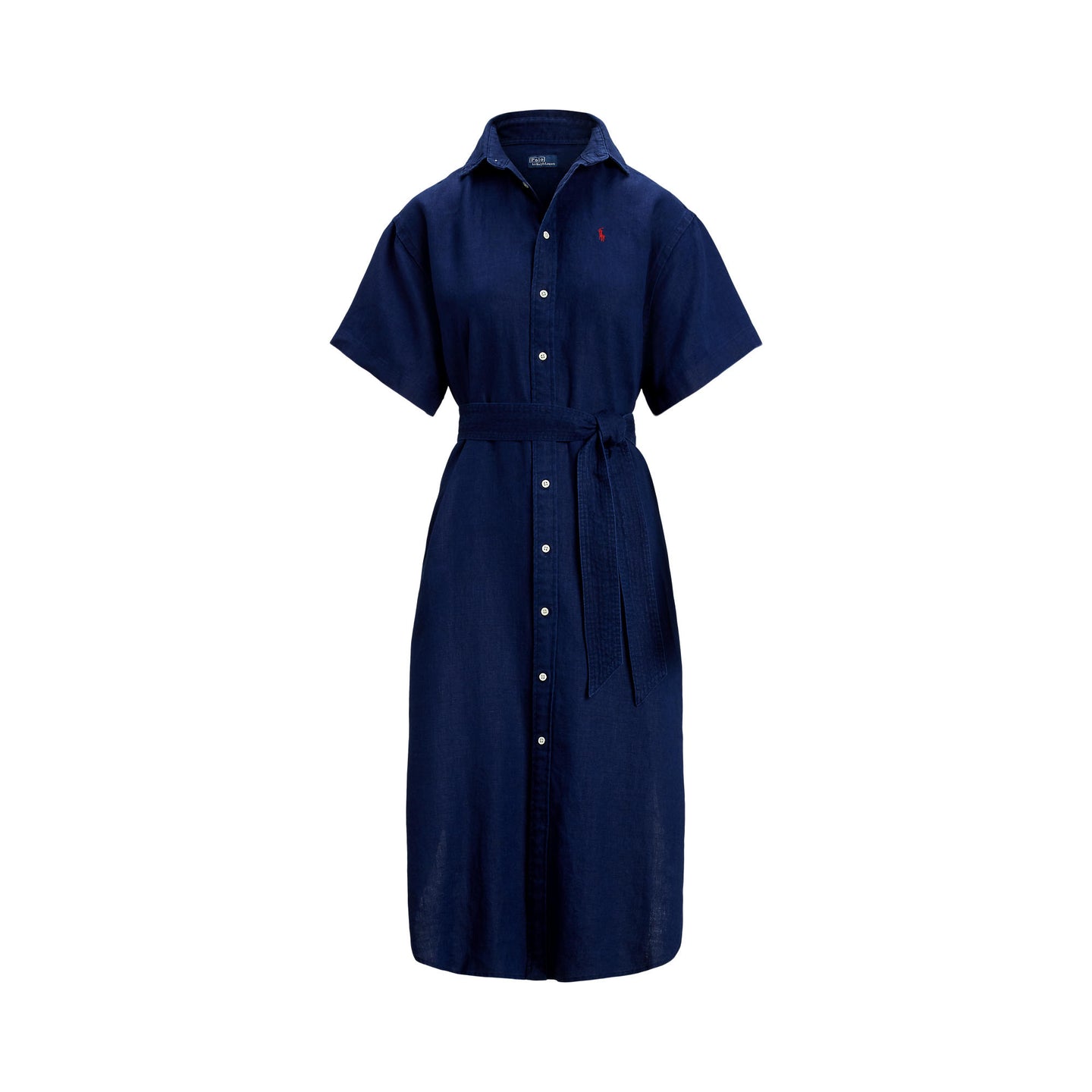 Woman wearing a blue Linen shirt dress, short sleeve, holding a straw bag - Polo Ralph Lauren - Belted Short-Sleeved Linen Shirt Dress - Newport Navy