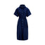Woman wearing a blue Linen shirt dress, short sleeve, holding a straw bag - Polo Ralph Lauren - Belted Short-Sleeved Linen Shirt Dress - Newport Navy