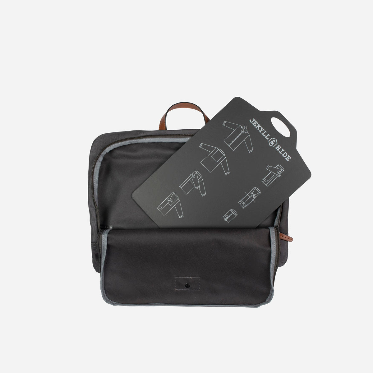 Jekyll and Hide - Shirt & Laundry Travel Bag - Grey with clothing folding guide.
