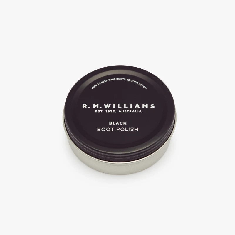 Lid of R.M.Williams Stockmans black boot polish tin.
