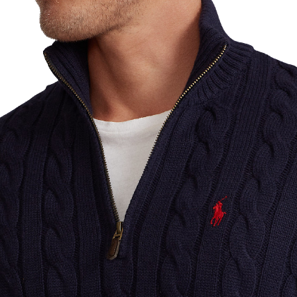 Cable Knit Cotton Zip Collar Pullover Hunter Navy Blowes Clothing
