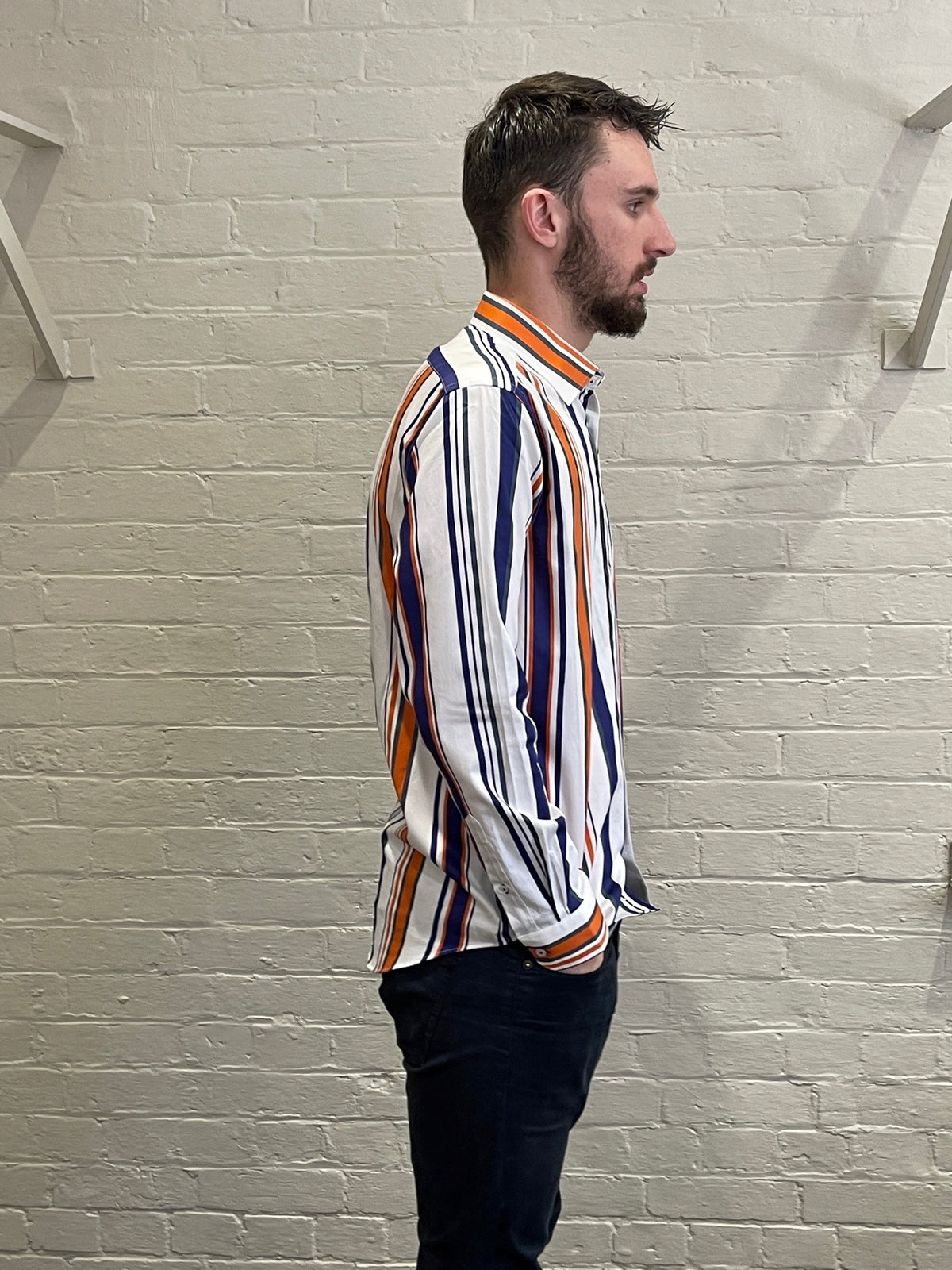 Abelard - Long Sleeve Business Shirt - Striped - White, Navy & Orange