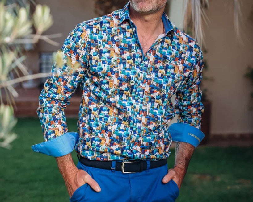 How to Confidently Wear Men’s Patterned Shirts Without Overdoing It, featuring a colorful patterned shirt against a natural backdrop.