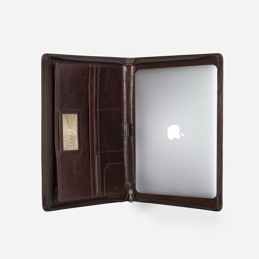 Jekyll and Hide - Zip Around A4 Tablet Folder - Tan | Coffee | Black open with 13" laptop and card slots.