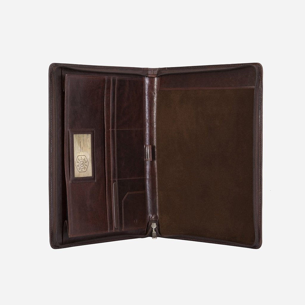 Jekyll and Hide - Zip Around A4 Tablet Folder - Tan | Coffee | Black open view showcasing interior compartments and leather finish.