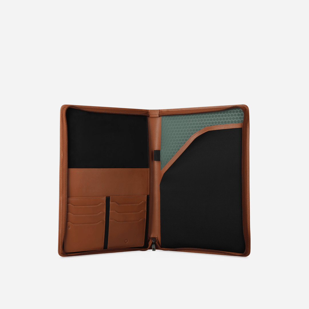 Jekyll and Hide - Zip Around A4 Tablet Folder - Tan | Coffee | Black showing spacious interior for laptop and documents.