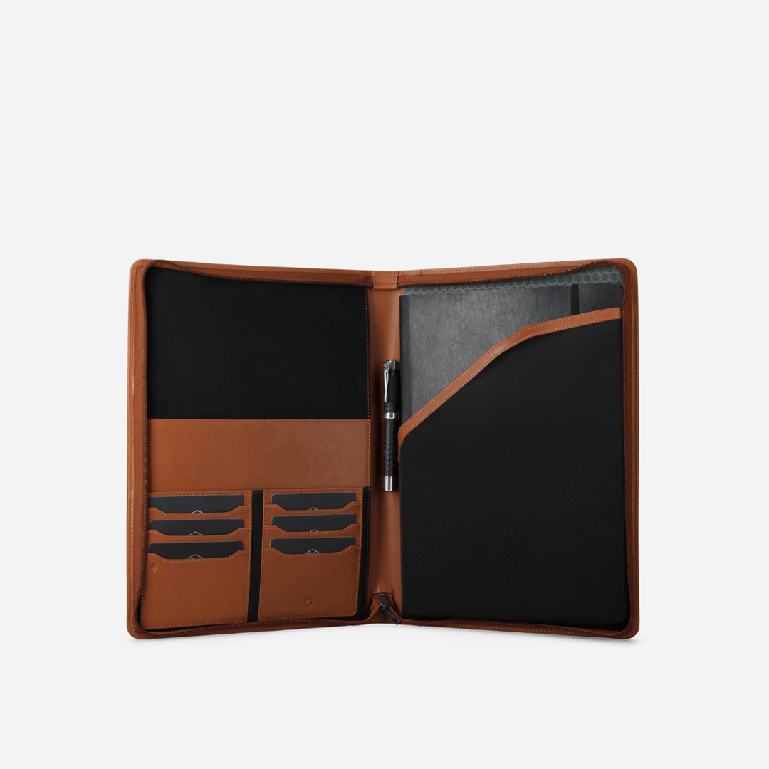 Jekyll and Hide - Zip Around A4 Tablet Folder - Tan | Coffee | Black with spacious compartments for documents and devices.