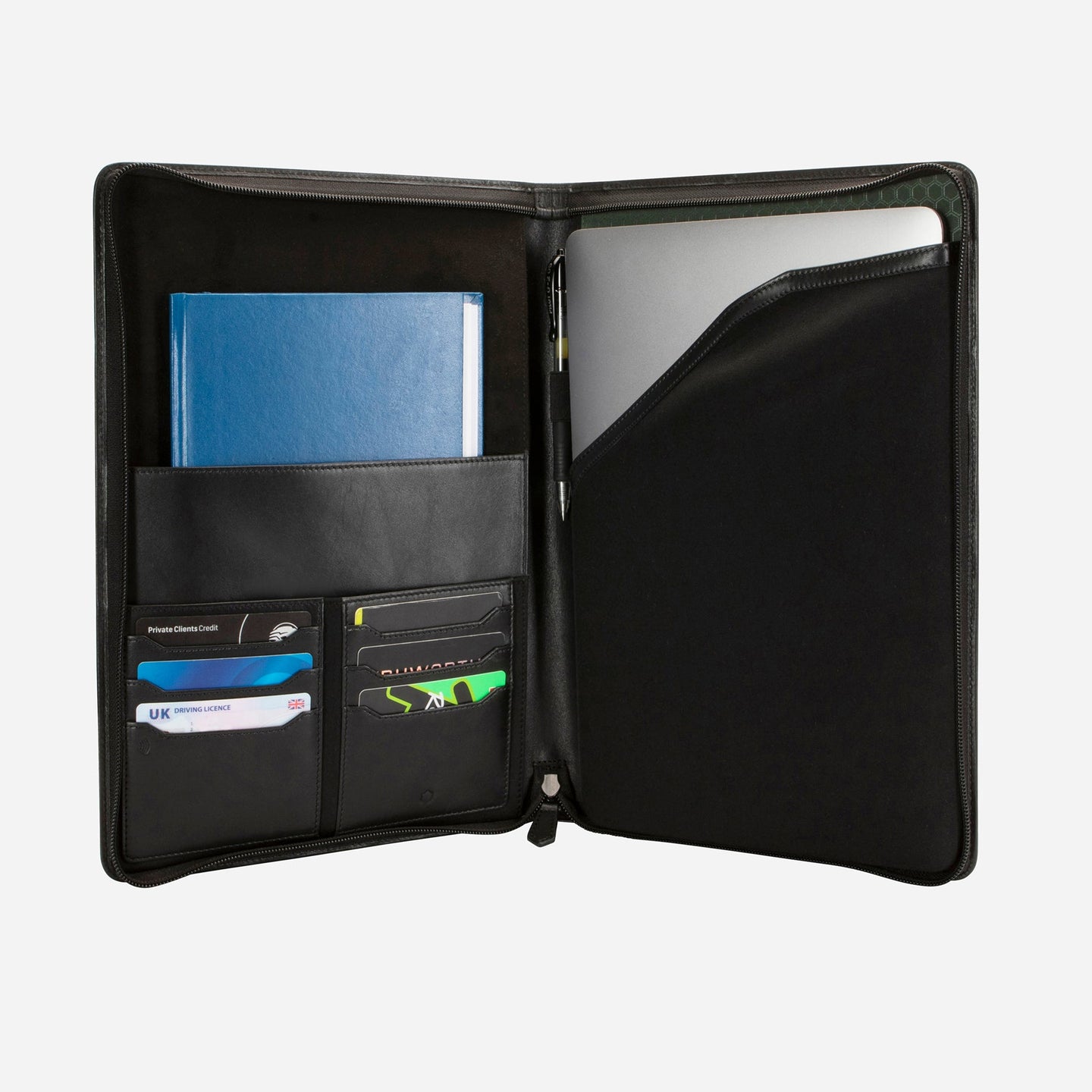 Jekyll and Hide - Zip Around A4 Tablet Folder - Tan | Coffee | Black, spacious leather folder with laptop sleeve, card holders.