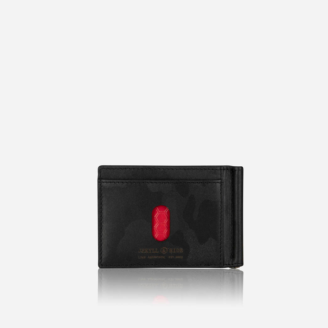 Jekyll and Hide - Leather Money Clip Wallet - Mocha | Black | Camo Black | Tan in sleek black with red detail.